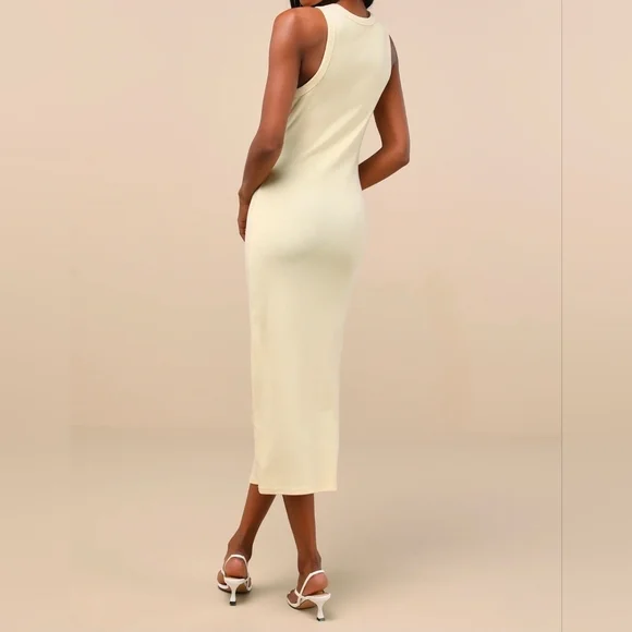 Lulus Majorly Trendy Light Yellow Ribbed Bodycon Midi Dress, Size Large - Picture 4 of 9